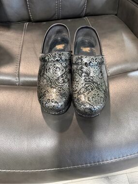 Dansko Black Metallic Paisley Leather Clogs